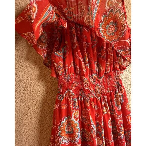 Red Paisley Floral Print Off-Shoulder Boho Chic Bohemian Tiered Maxi Dress Sz 6 - Picture 6 of 16